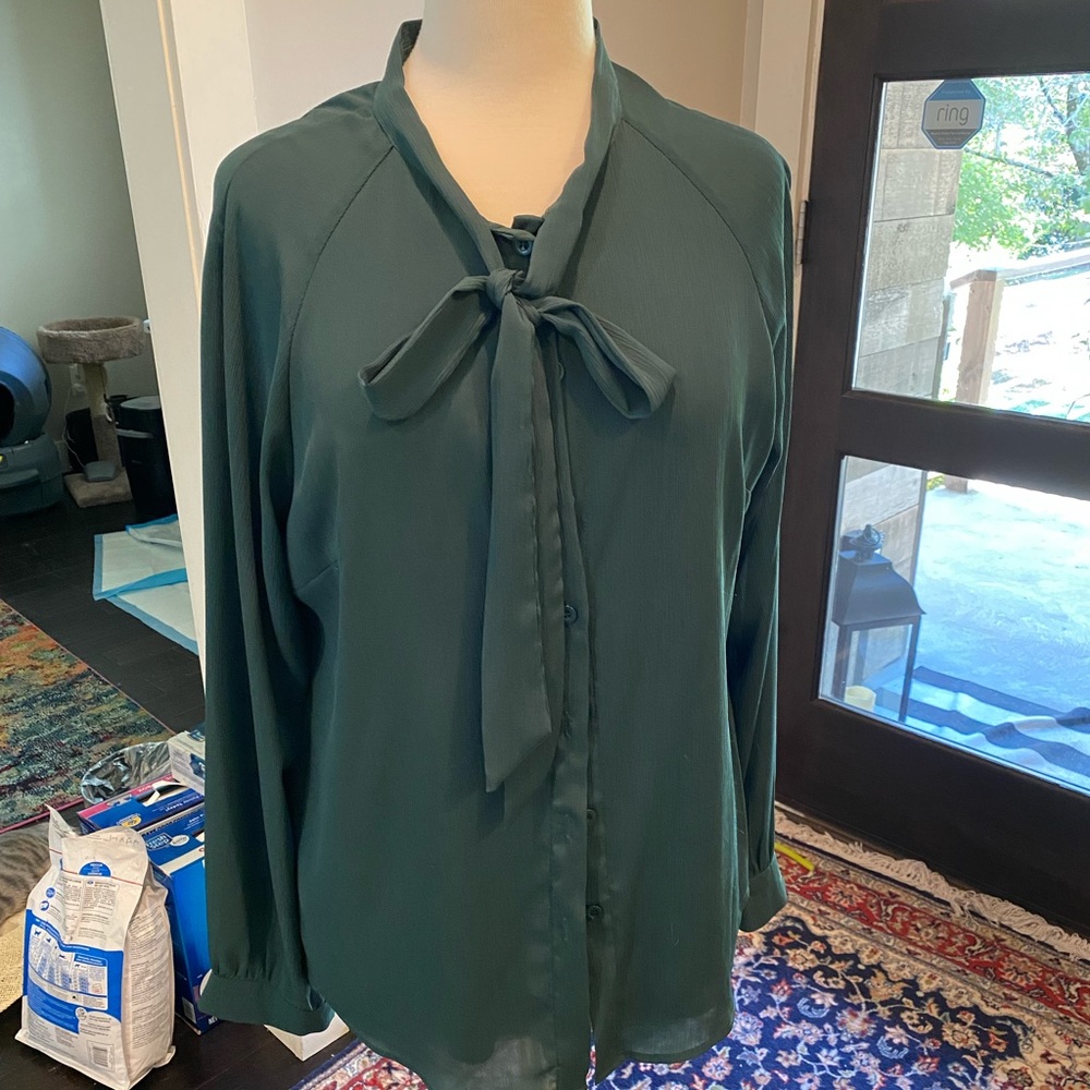Beautiful dark green blouse with tie/bow at neck